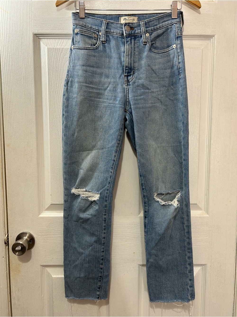 Madewell High-Rise Slim Crop Boyjean Denim Size 23 Light Wash Distressed Raw Hem